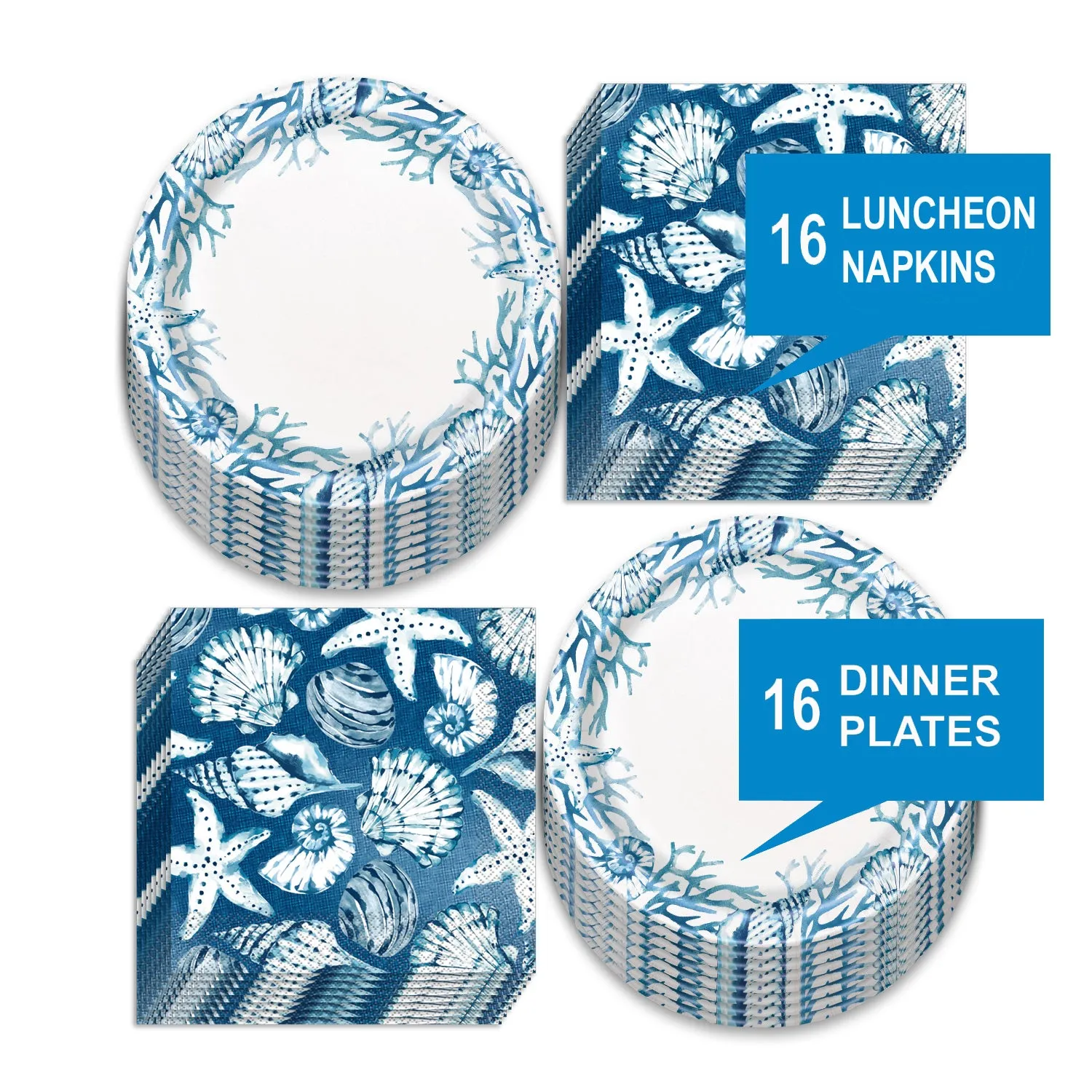 Coastal Blue Paper Dessert Plates and Beverage Napkins (Serves 16)