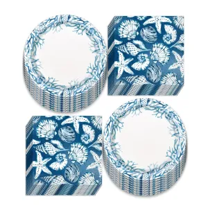 Coastal Blue Paper Dessert Plates and Beverage Napkins (Serves 16)