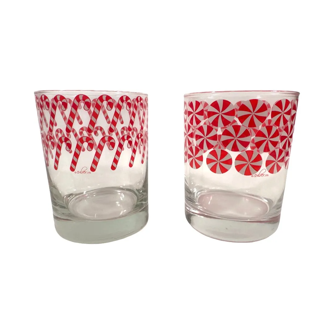 Culver Signed Mid-Century Candy Cane and Peppermint Pinwheels Double Old Fashion Glasses (Set of 2)