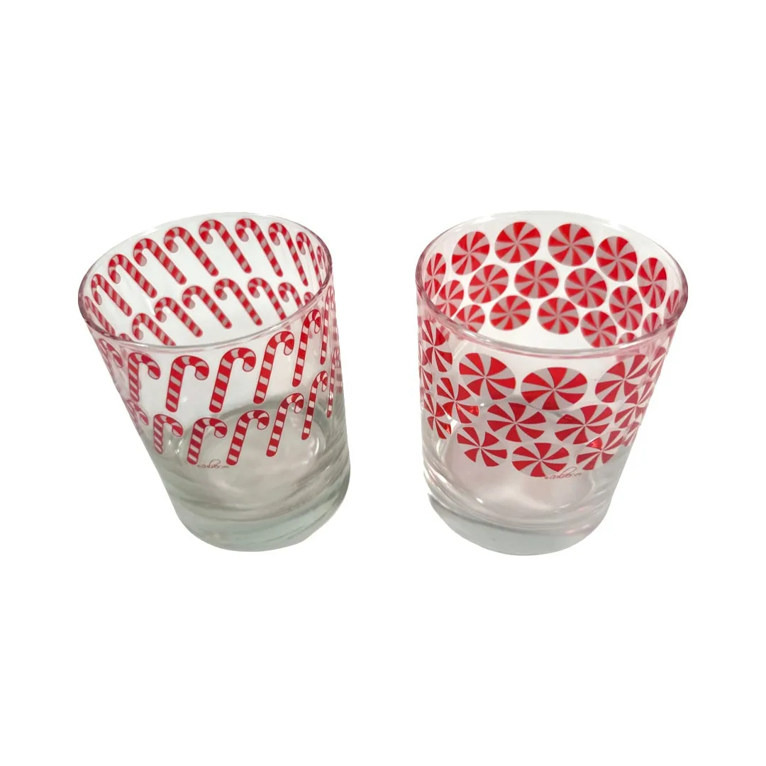 Culver Signed Mid-Century Candy Cane and Peppermint Pinwheels Double Old Fashion Glasses (Set of 2)