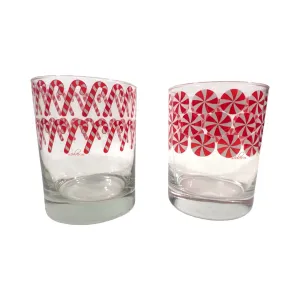 Culver Signed Mid-Century Candy Cane and Peppermint Pinwheels Double Old Fashion Glasses (Set of 2)