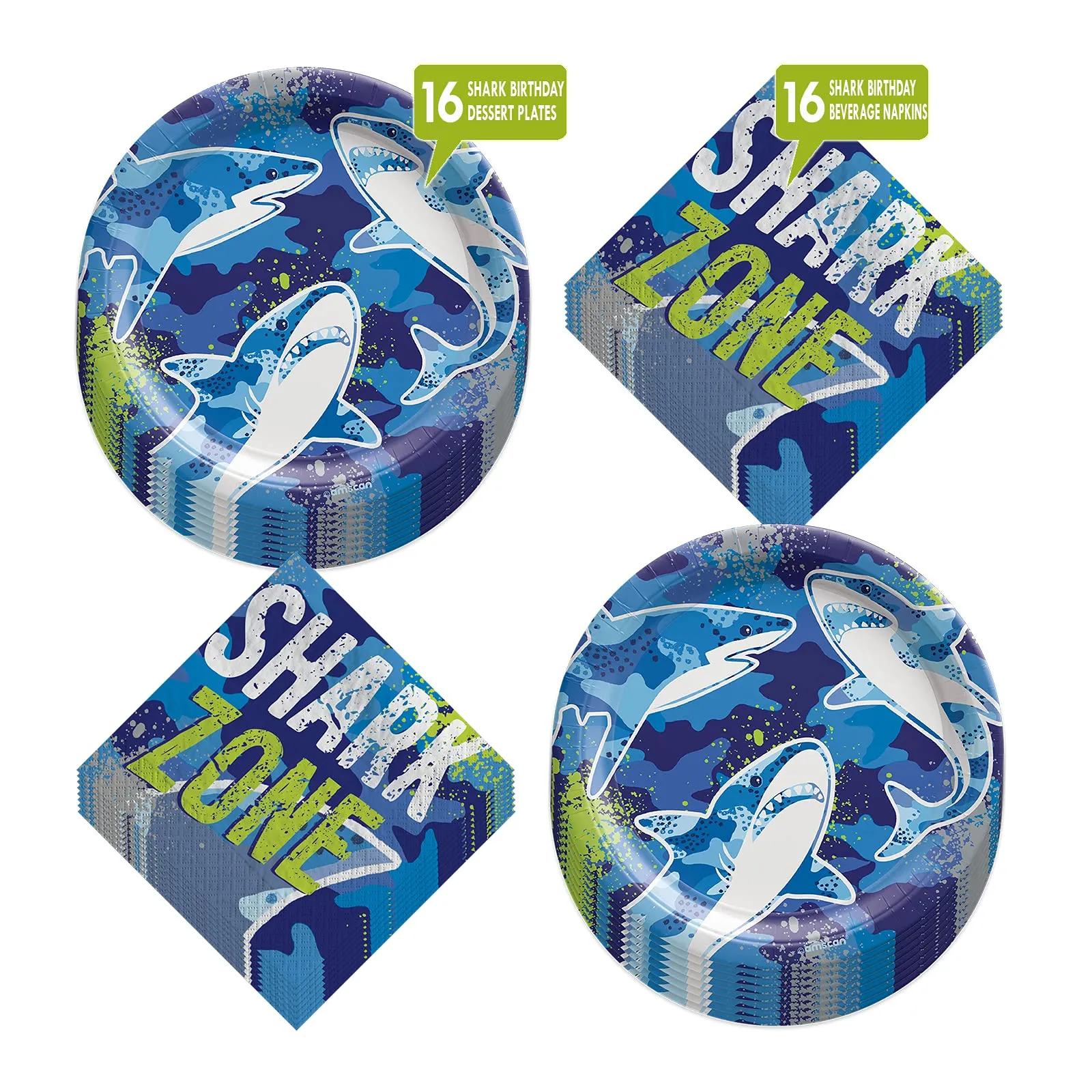 Great White Shark Party Paper Dessert Plates and Shark Zone Beverage Napkins (Serves 16)