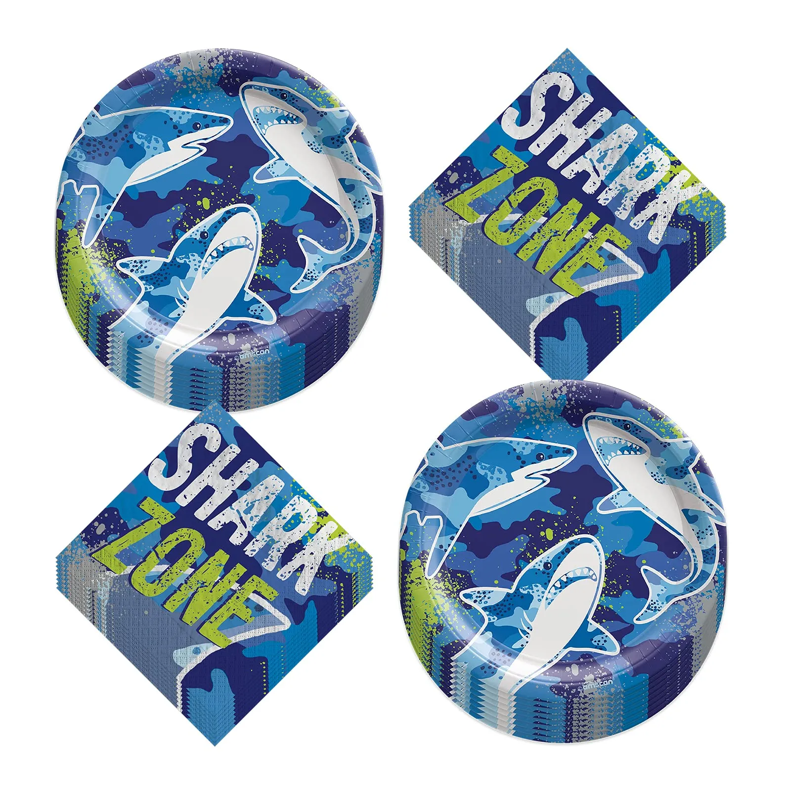 Great White Shark Party Paper Dessert Plates and Shark Zone Beverage Napkins (Serves 16)