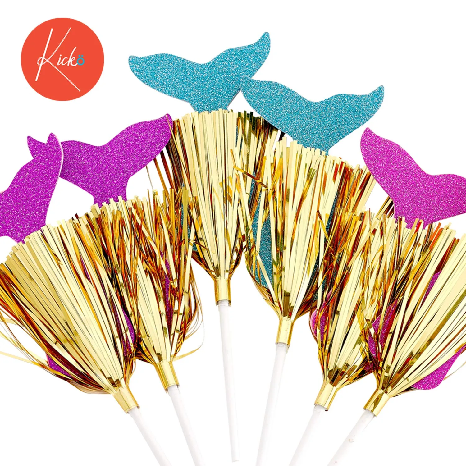 Kicko Mermaid Cake Toppers with Gold Tassels - 12 Pack - 7.5 Inch - for Kids, Party