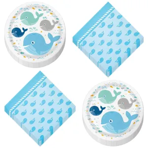 Lil' Blue Spout Whale Ocean Party Round Paper Plates and Napkins (16 Plates & Napkins)