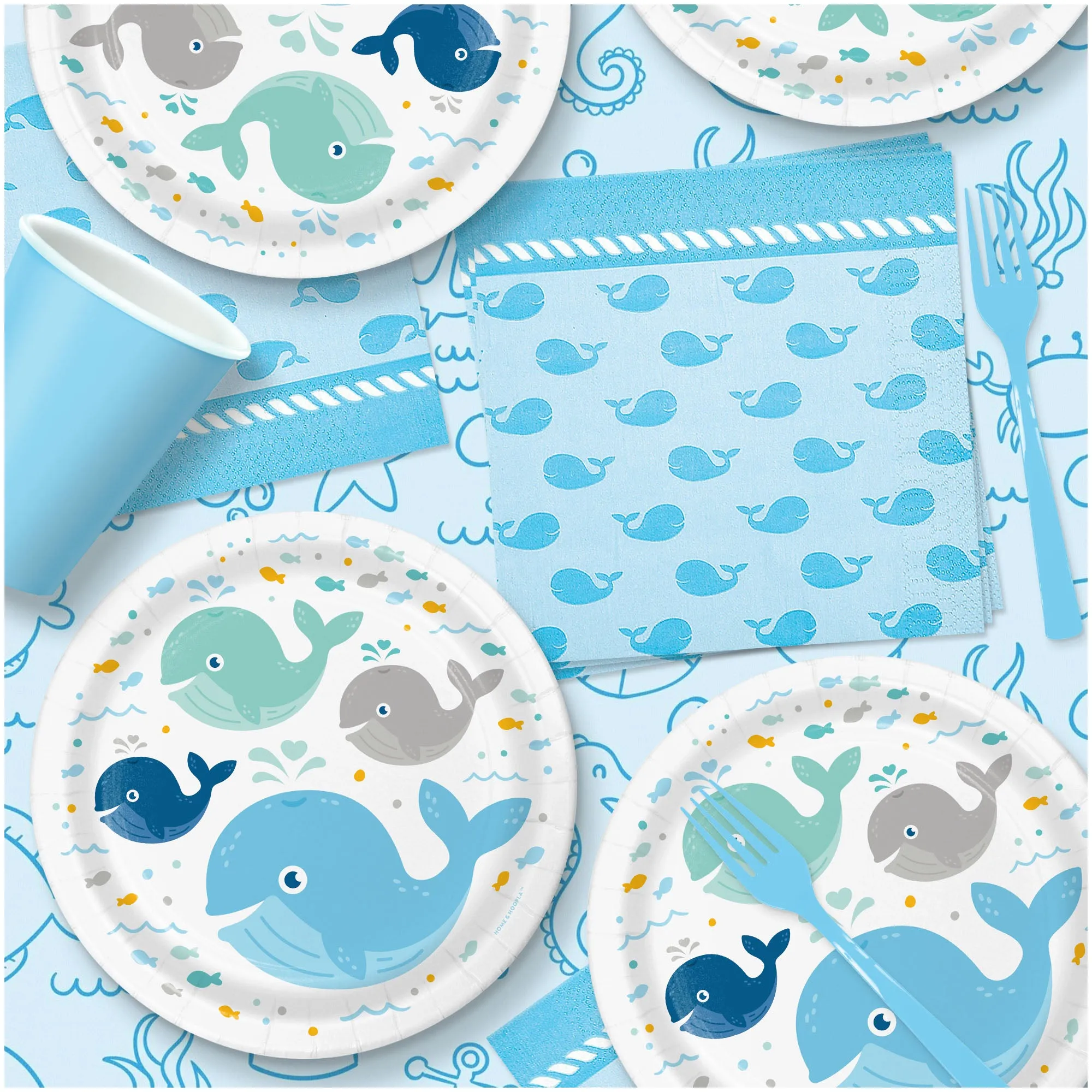 Lil' Blue Spout Whale Ocean Party Round Paper Plates and Napkins (16 Plates & Napkins)