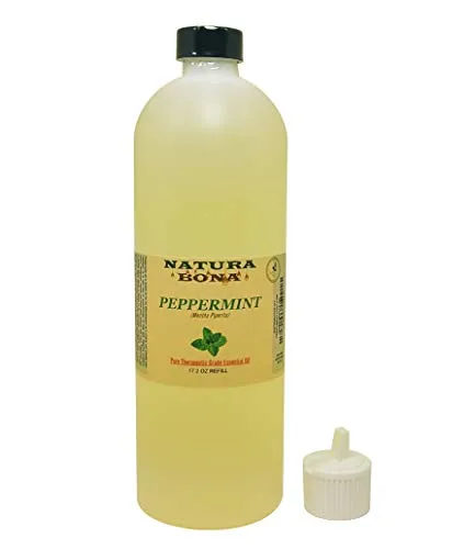 Natura Bona Peppermint Essential Oil Refill Bottle. Use to Naturally Repel Mice, Racoons, Ants, Spiders, Mosquitoes, Roaches, Insects & More; 17.2 oz Bottle With Flip-Top Dispenser.