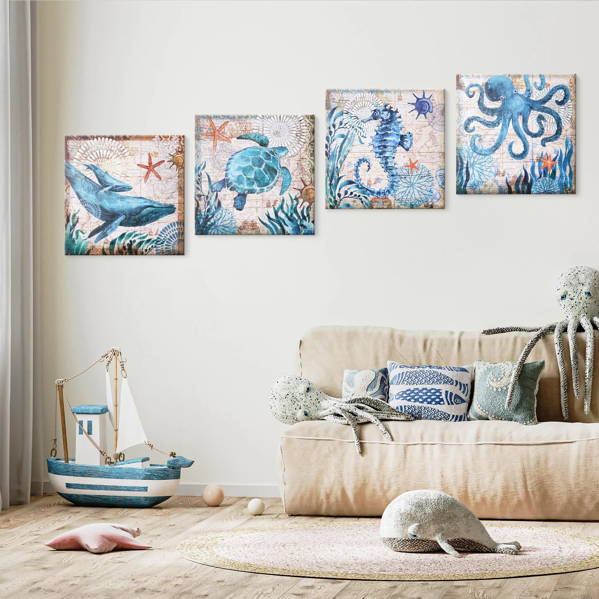 Nautical Beach Themed Seahorse Whales Sea Turtle Octopus Ocean Canvas Art - 20" x 20"