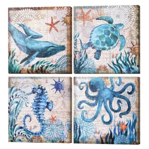 Nautical Beach Themed Seahorse Whales Sea Turtle Octopus Ocean Canvas Art - 20" x 20"