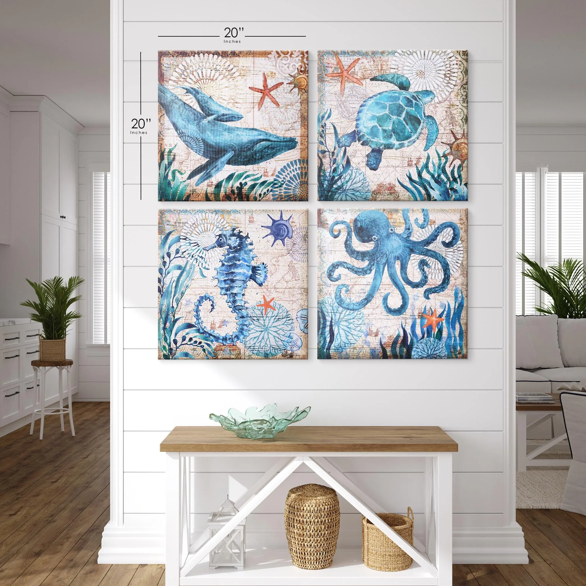 Nautical Beach Themed Seahorse Whales Sea Turtle Octopus Ocean Canvas Art - 20" x 20"