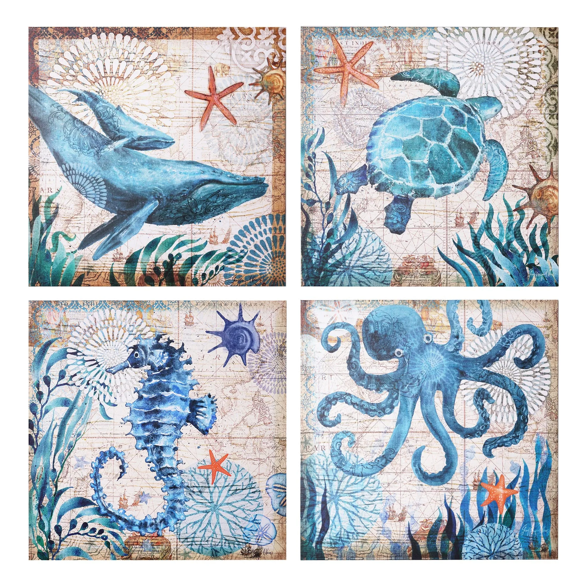 Nautical Beach Themed Seahorse Whales Sea Turtle Octopus Ocean Canvas Art - 20" x 20"