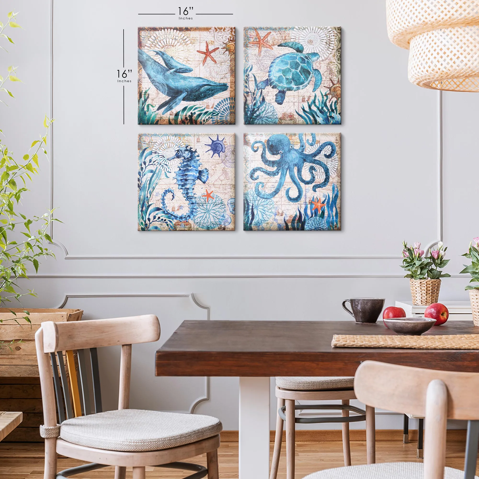 Nautical Beach Themed Seahorse Whales Sea Turtle Octopus Ocean Canvas Art - 20" x 20"