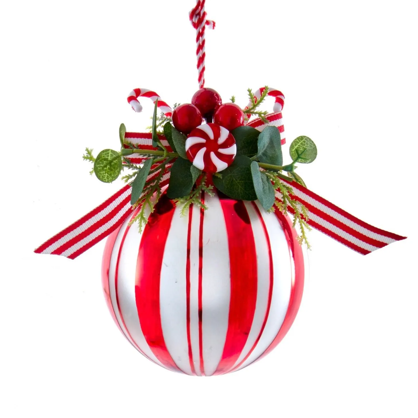 Peppermint Ball with Greenery Ornament