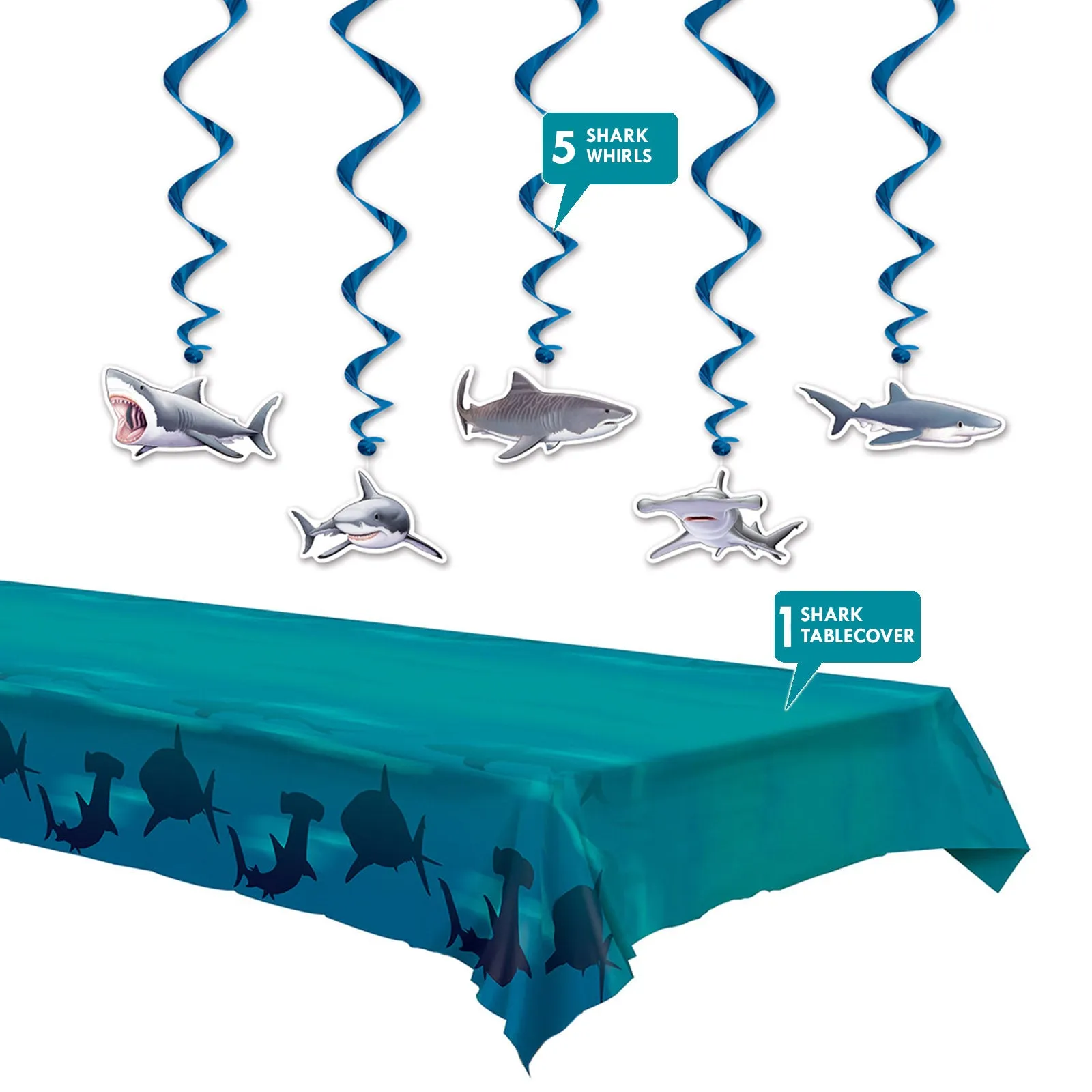 Shark Party Supplies Hanging Shark Cutouts and Deep Water Shark Table Cover Set