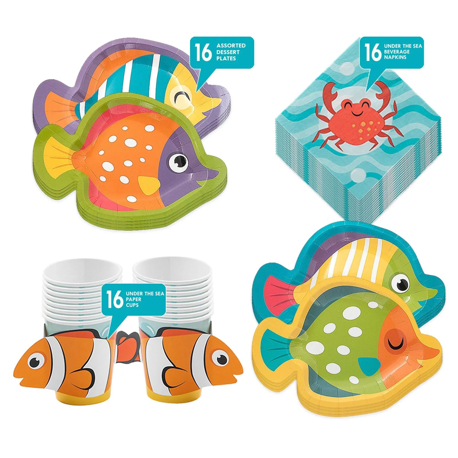 Under The Sea Ocean Party Pack - Fish Shaped Paper Dessert Plates, Napkins, Cups Set (Serves 16)