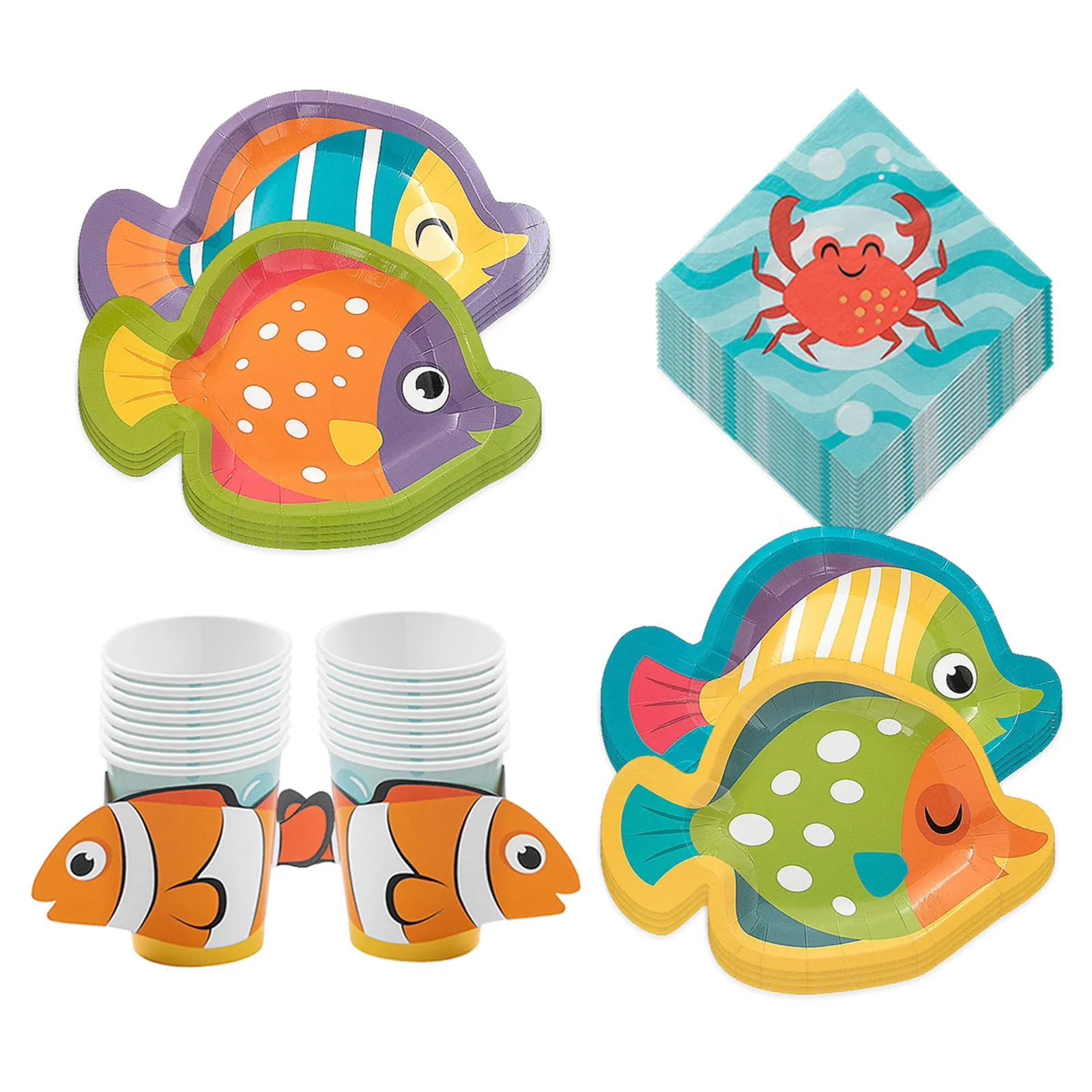 Under The Sea Ocean Party Pack - Fish Shaped Paper Dessert Plates, Napkins, Cups Set (Serves 16)